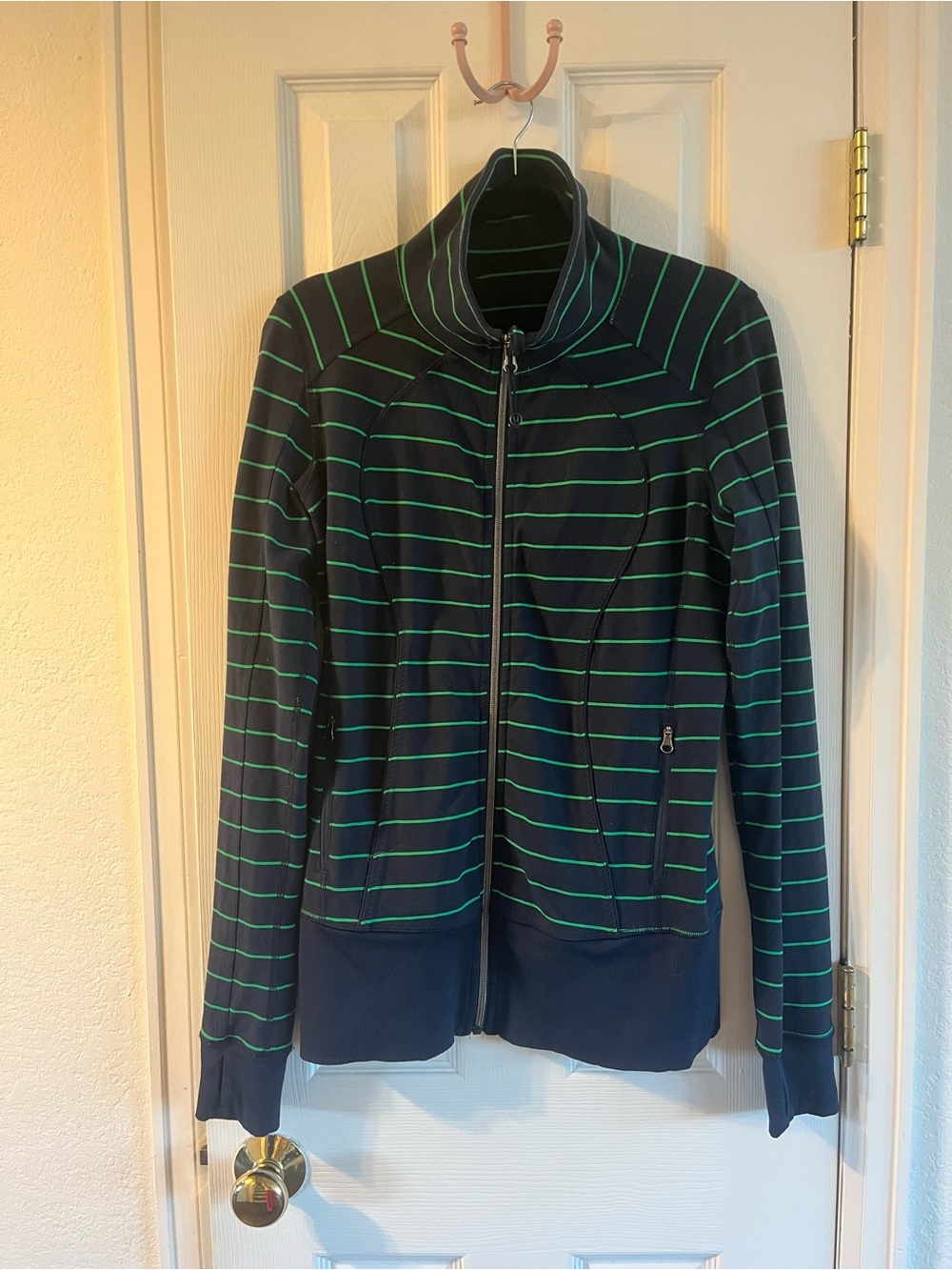 Lululemon Asana Navy Jacket with Green Stripes Med $118